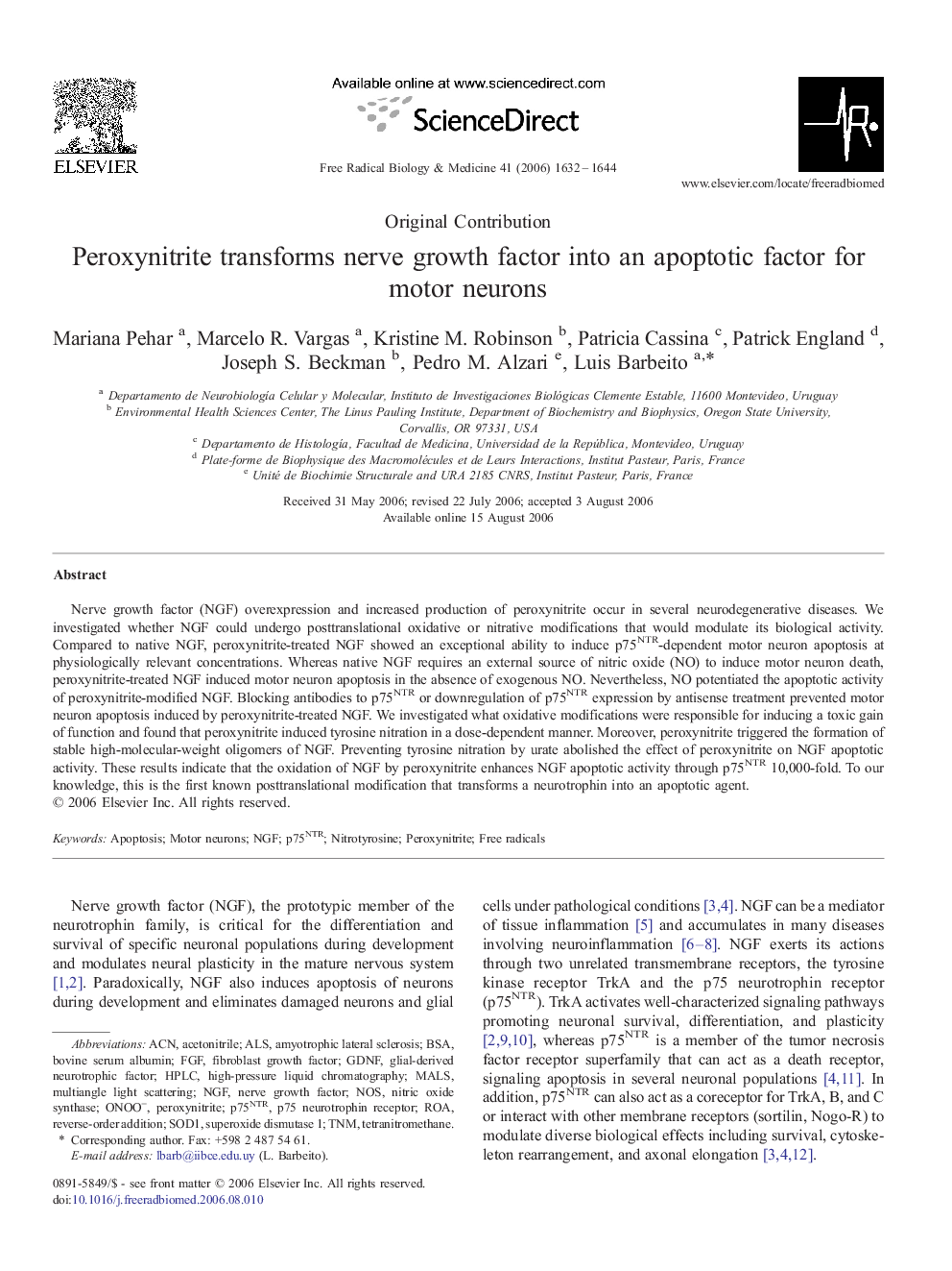 Peroxynitrite transforms nerve growth factor into an apoptotic factor for motor neurons