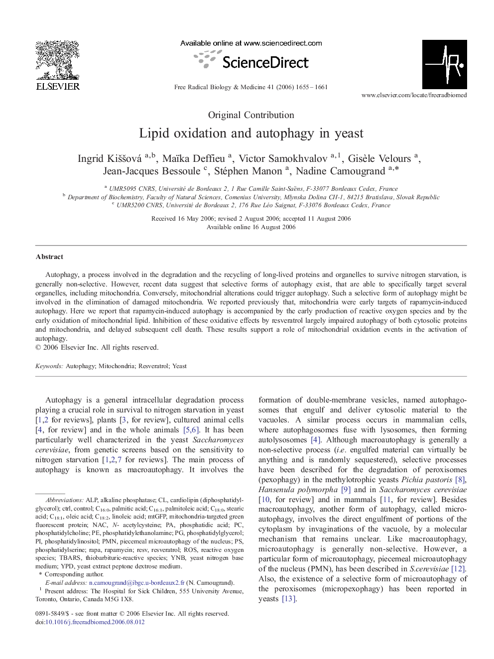 Lipid oxidation and autophagy in yeast