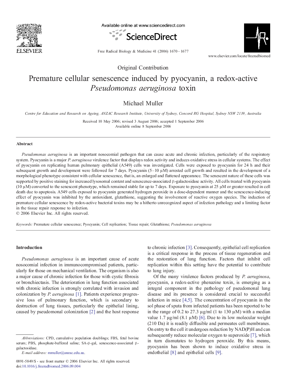 Premature cellular senescence induced by pyocyanin, a redox-active Pseudomonas aeruginosa toxin