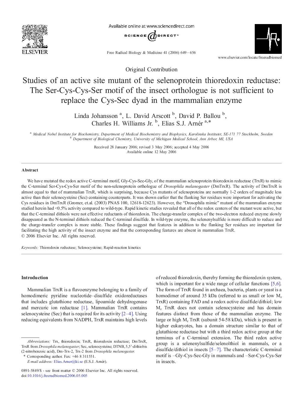 Studies of an active site mutant of the selenoprotein thioredoxin reductase: The Ser-Cys-Cys-Ser motif of the insect orthologue is not sufficient to replace the Cys-Sec dyad in the mammalian enzyme