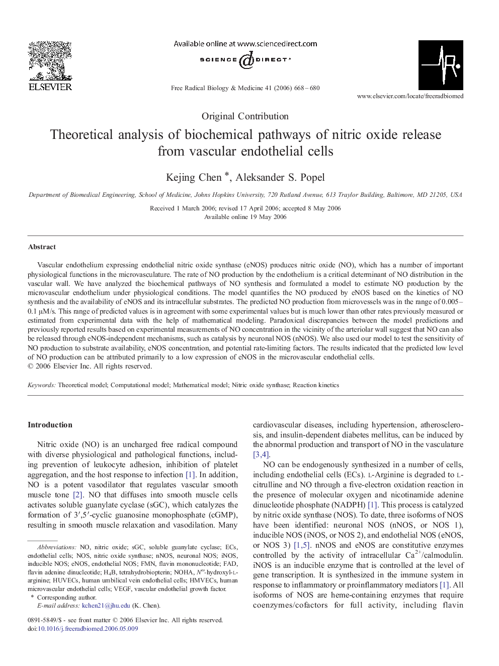 Theoretical analysis of biochemical pathways of nitric oxide release from vascular endothelial cells