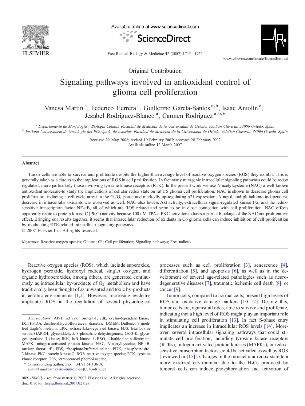 Signaling pathways involved in antioxidant control of glioma cell proliferation