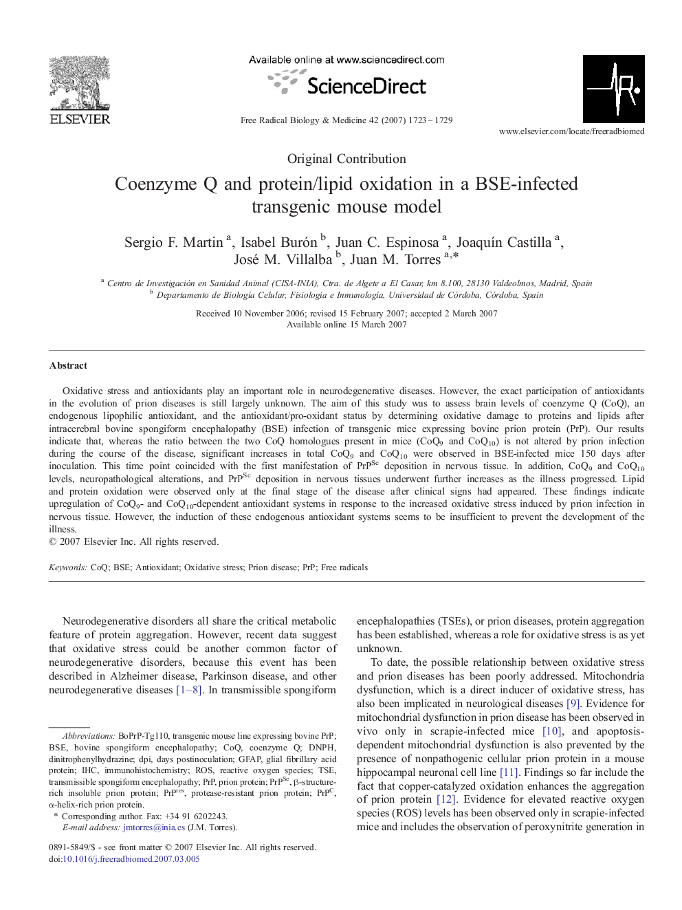 Coenzyme Q and protein/lipid oxidation in a BSE-infected transgenic mouse model