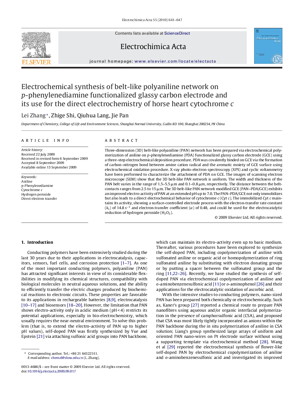 Electrochemical synthesis of belt-like polyaniline network on p-phenylenediamine functionalized glassy carbon electrode and its use for the direct electrochemistry of horse heart cytochrome c