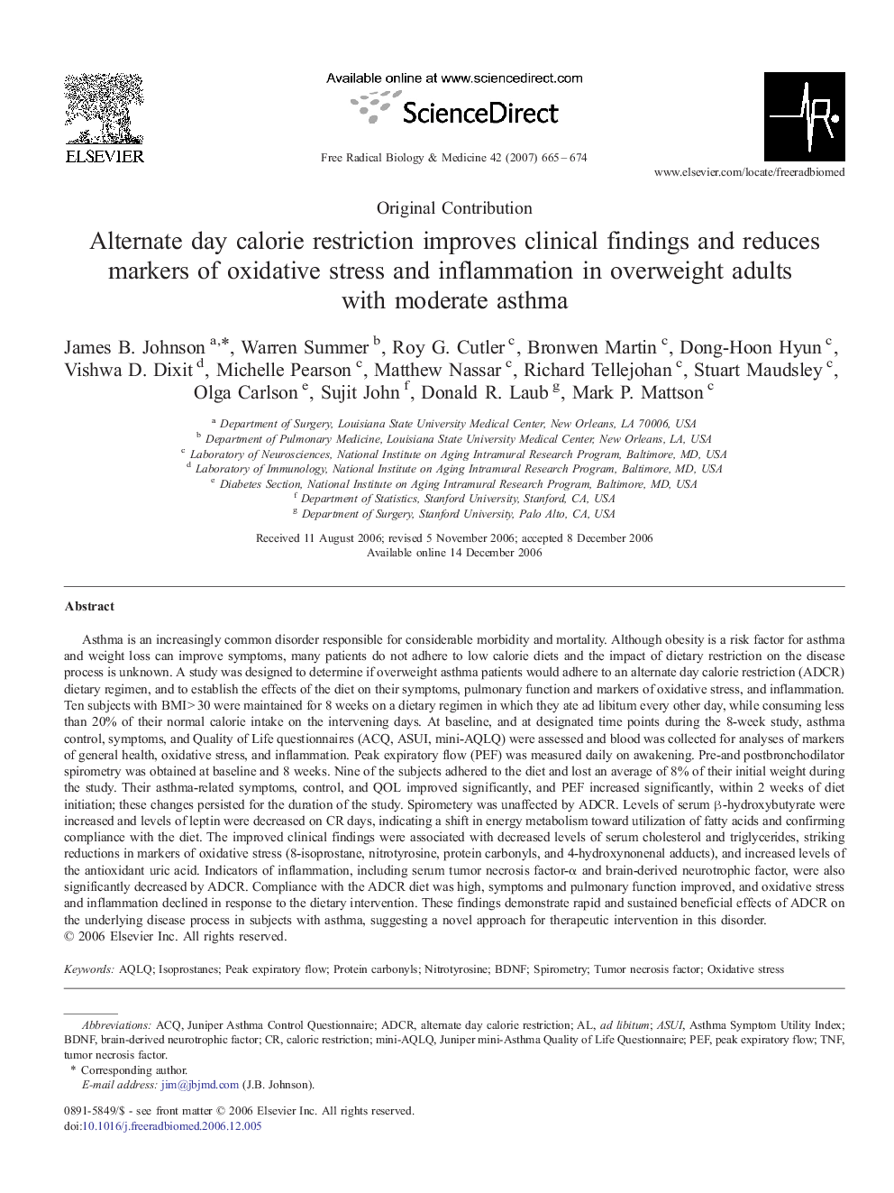 Alternate day calorie restriction improves clinical findings and reduces markers of oxidative stress and inflammation in overweight adults with moderate asthma