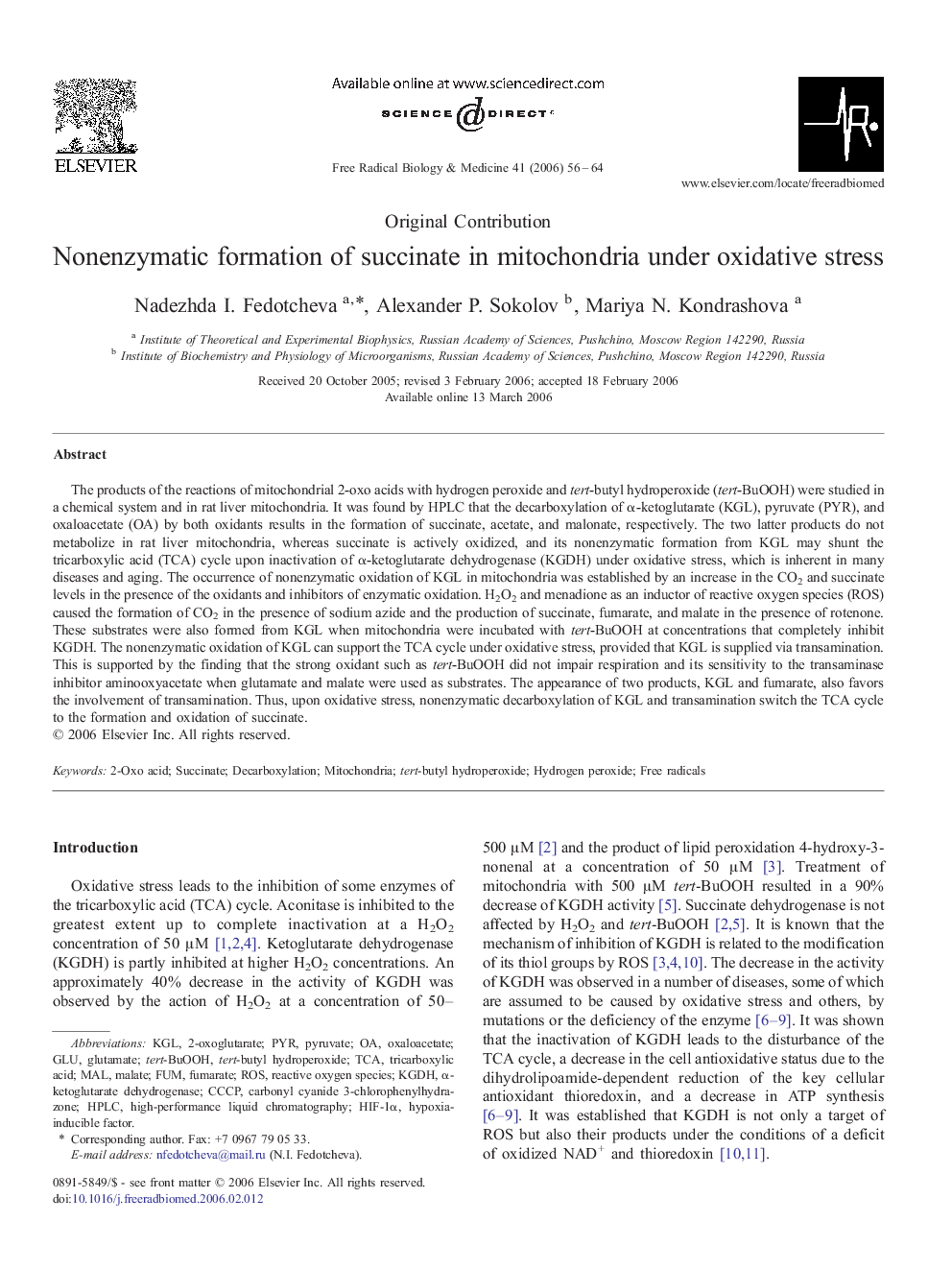 Nonezymatic formation of succinate in mitochondria under oxidative stress