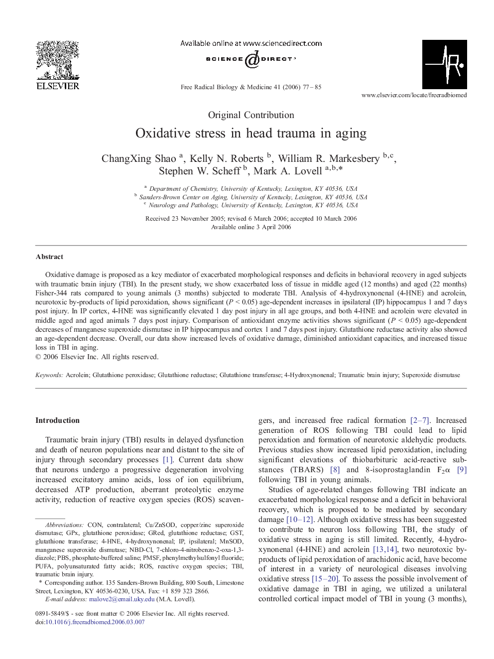 Oxidative stress in head trauma in aging