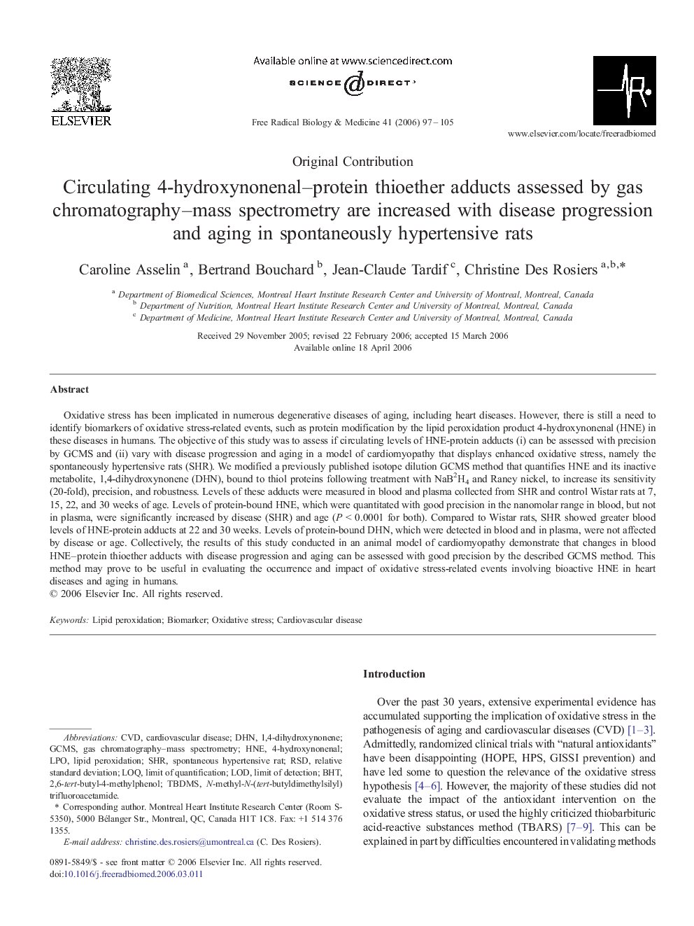 Circulating 4-hydroxynonenal–protein thioether adducts assessed by gas chromatography–mass spectrometry are increased with disease progression and aging in spontaneously hypertensive rats