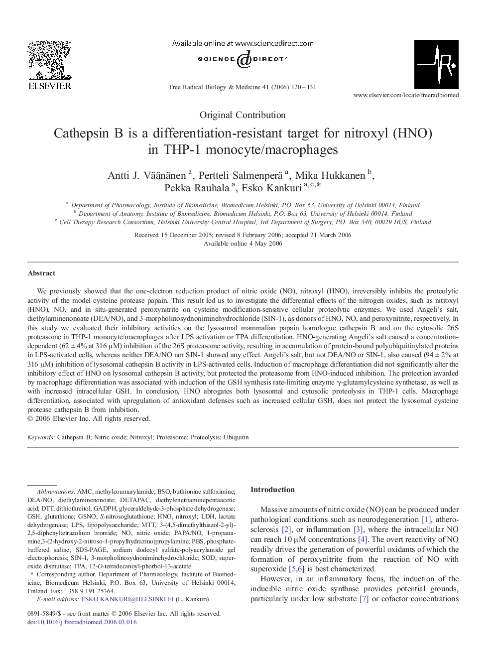 Cathepsin B is a differentiation-resistant target for nitroxyl (HNO) in THP-1 monocyte/macrophages