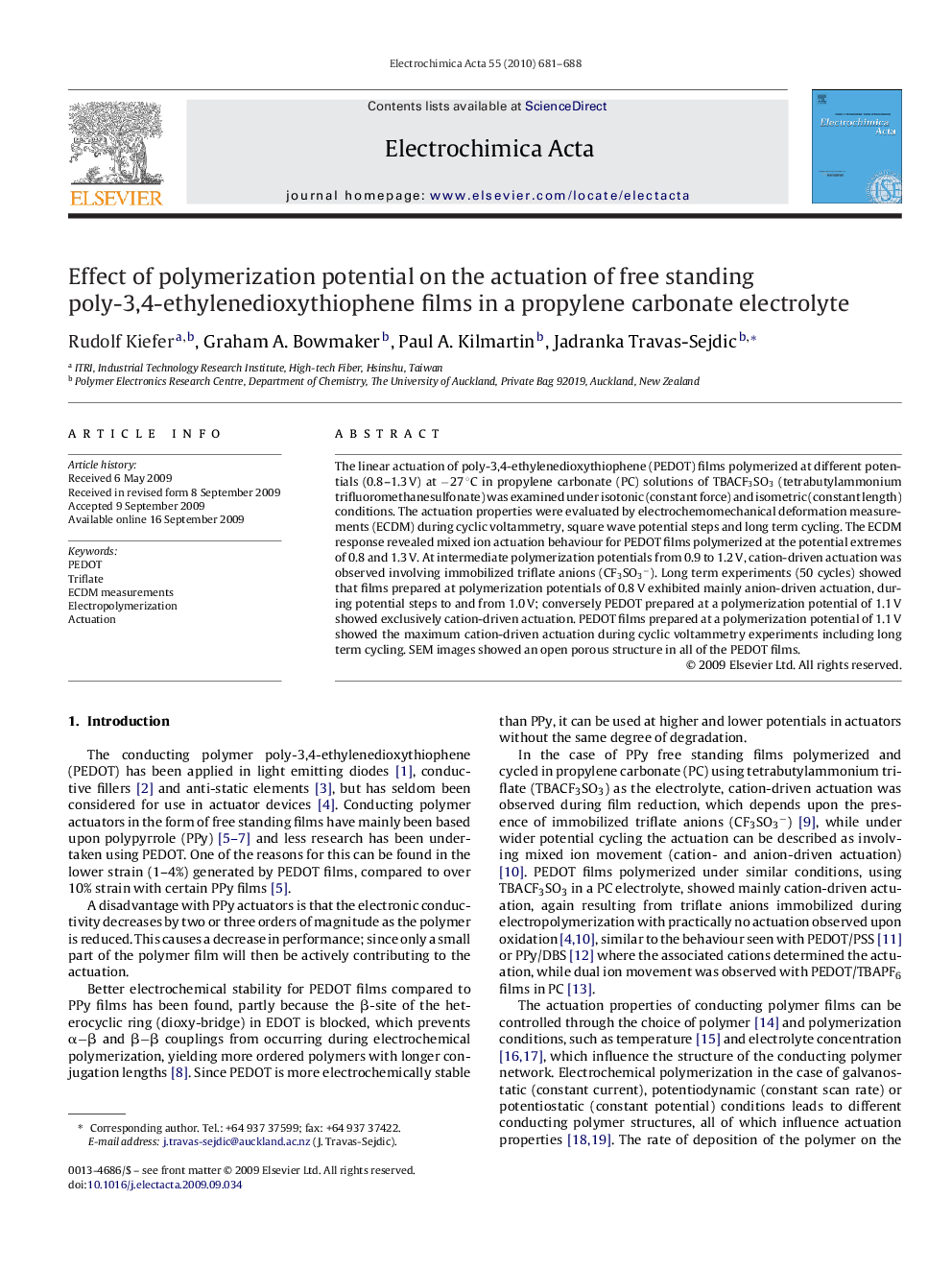 Effect of polymerization potential on the actuation of free standing poly-3,4-ethylenedioxythiophene films in a propylene carbonate electrolyte