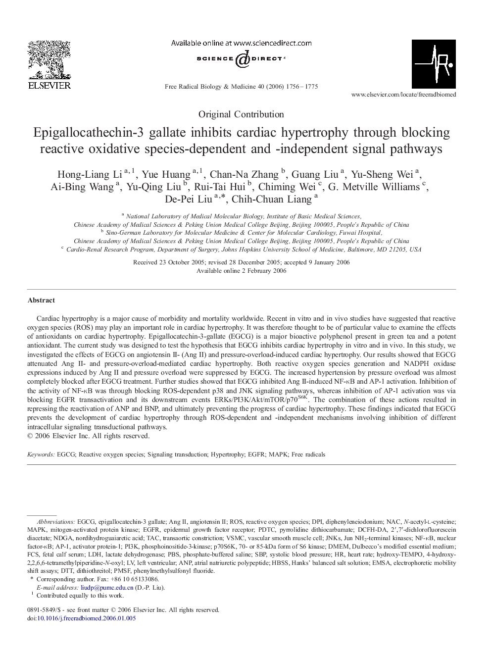 Epigallocathechin-3 gallate inhibits cardiac hypertrophy through blocking reactive oxidative species-dependent and -independent signal pathways