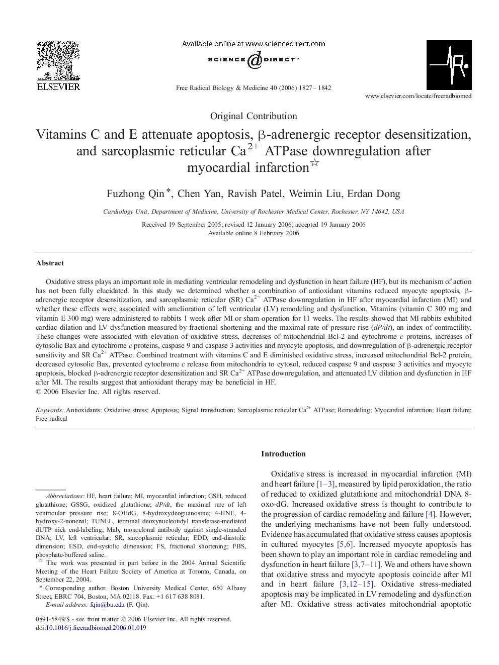 Vitamins C and E attenuate apoptosis, β-adrenergic receptor desensitization, and sarcoplasmic reticular Ca2+ ATPase downregulation after myocardial infarction 