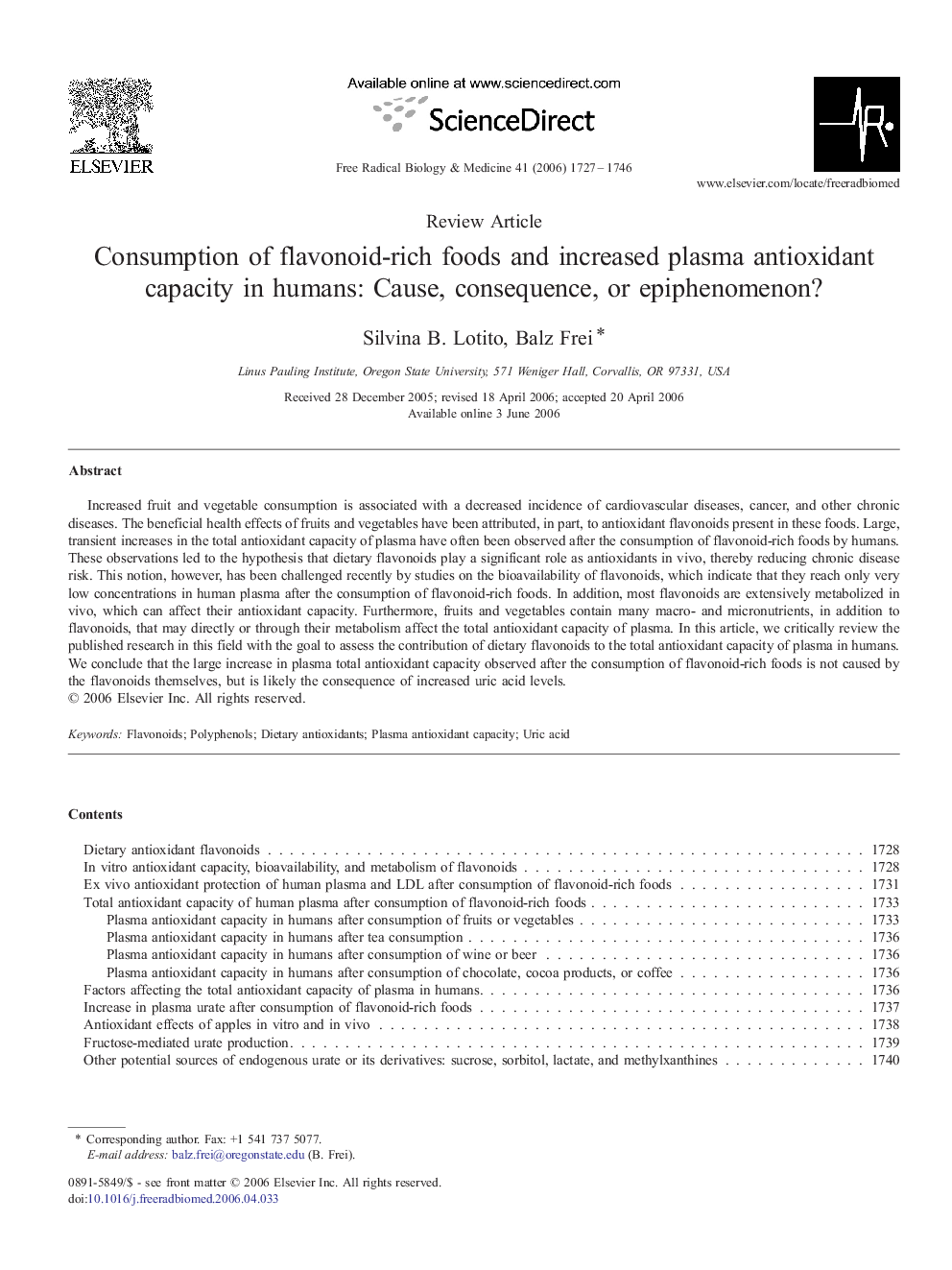 Consumption of flavonoid-rich foods and increased plasma antioxidant capacity in humans: Cause, consequence, or epiphenomenon?