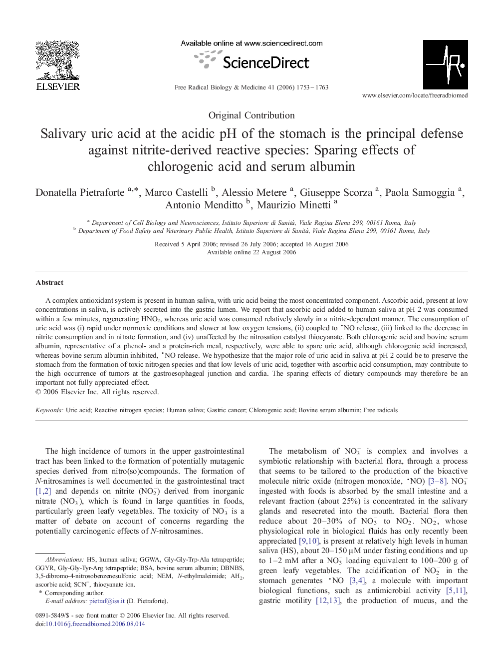 Salivary uric acid at the acidic pH of the stomach is the principal defense against nitrite-derived reactive species: Sparing effects of chlorogenic acid and serum albumin