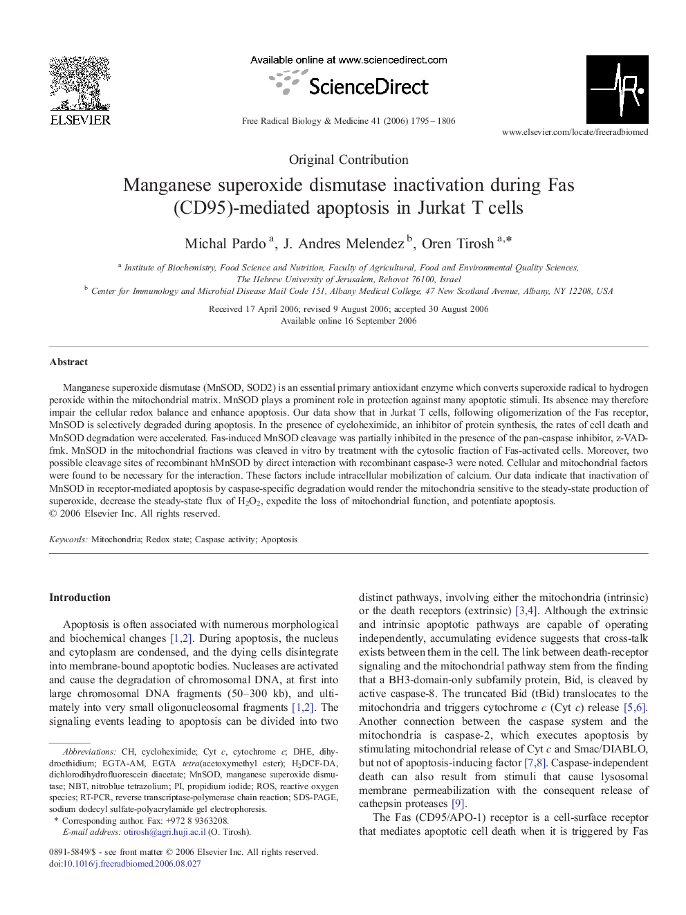 Manganese superoxide dismutase inactivation during Fas (CD95)-mediated apoptosis in Jurkat T cells