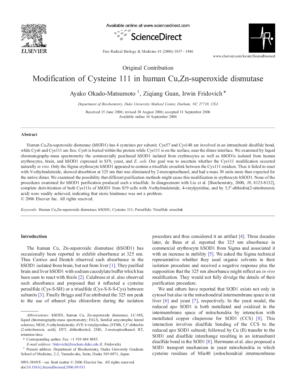 Modification of Cysteine 111 in human Cu,Zn-superoxide dismutase