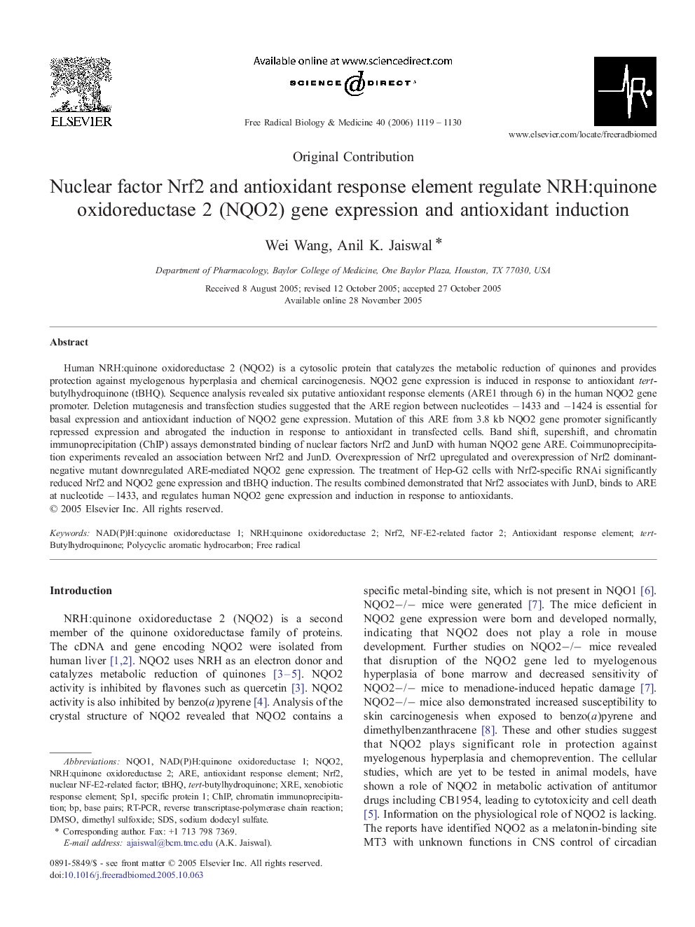 Nuclear factor Nrf2 and antioxidant response element regulate NRH:quinone oxidoreductase 2 (NQO2) gene expression and antioxidant induction