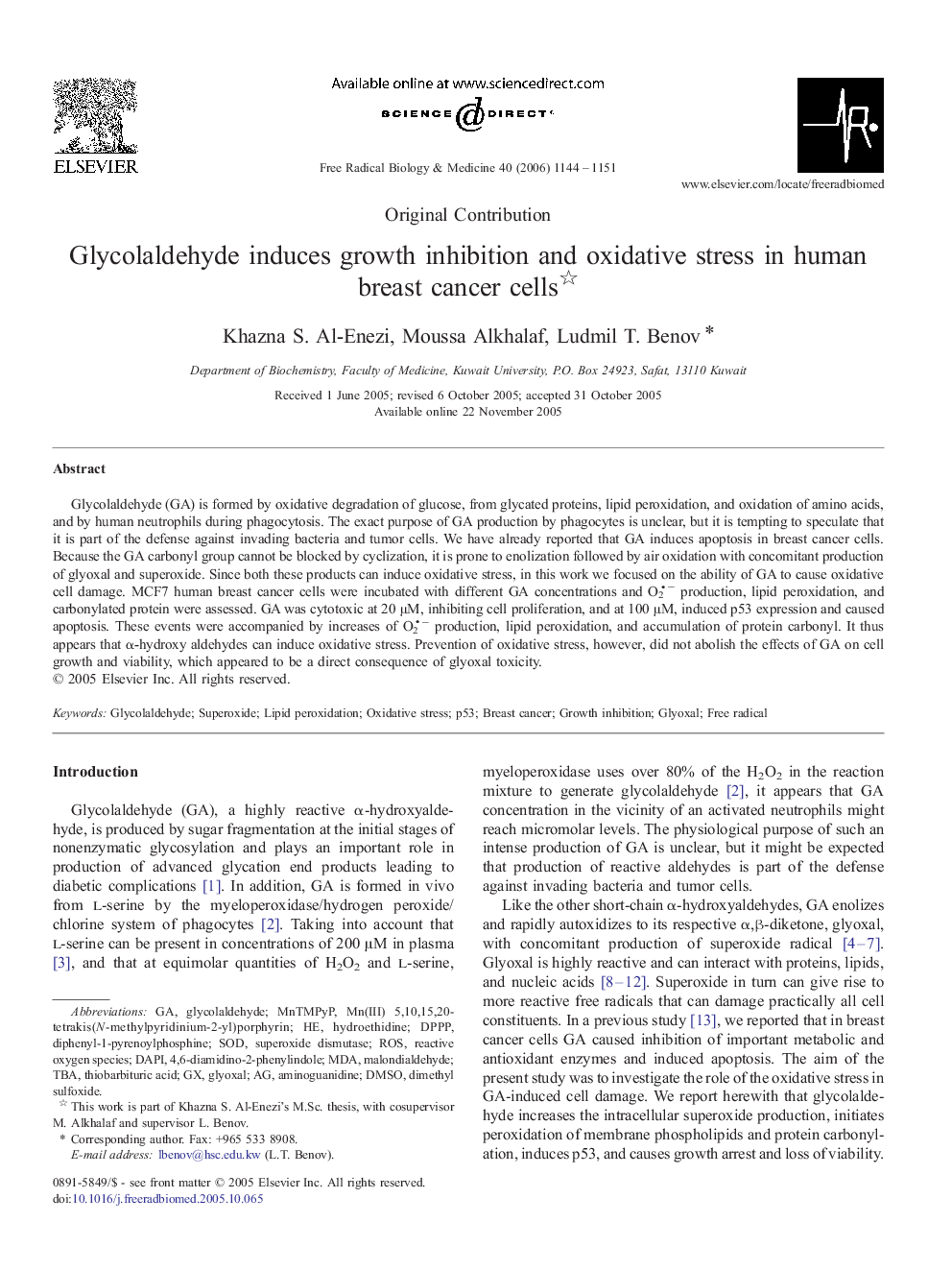 Glycolaldehyde induces growth inhibition and oxidative stress in human breast cancer cells* 