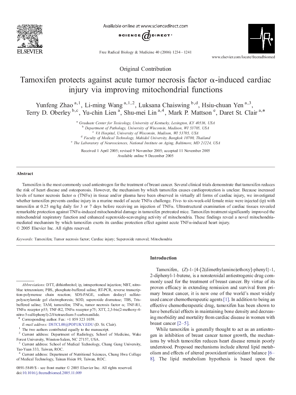 Tamoxifen protects against acute tumor necrosis factor Î±-induced cardiac injury via improving mitochondrial functions