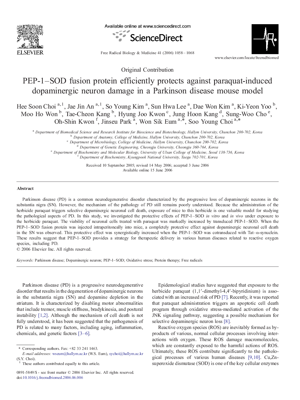 PEP-1–SOD fusion protein efficiently protects against paraquat-induced dopaminergic neuron damage in a Parkinson disease mouse model