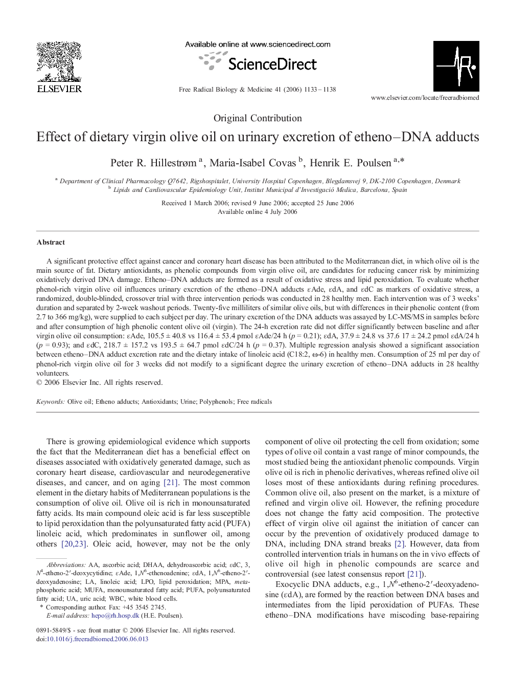 Effect of dietary virgin olive oil on urinary excretion of etheno–DNA adducts