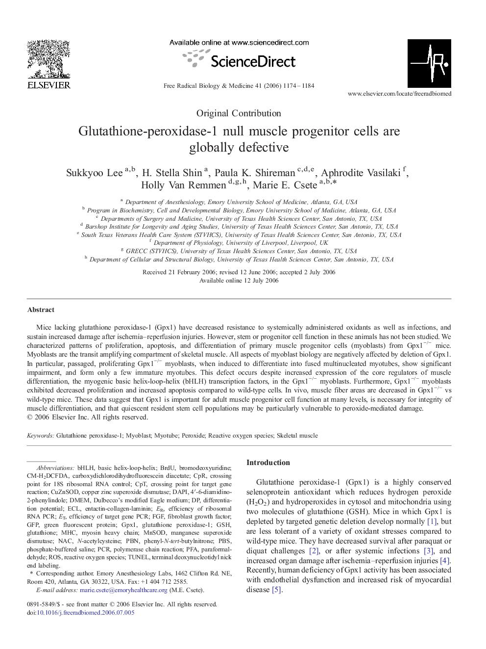 Glutathione-peroxidase-1 null muscle progenitor cells are globally defective