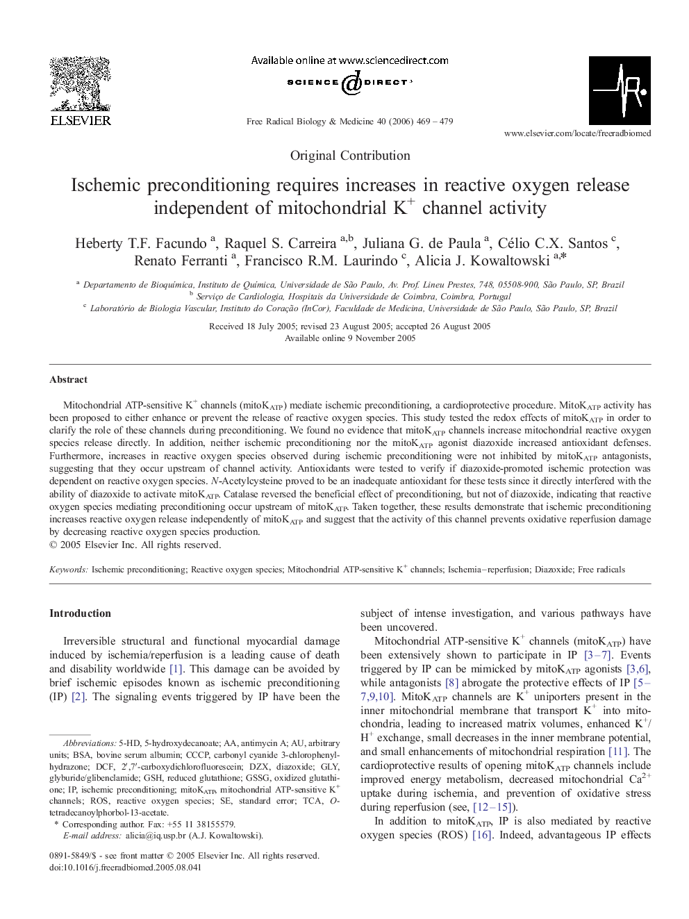 Ischemic preconditioning requires increases in reactive oxygen release independent of mitochondrial K+ channel activity