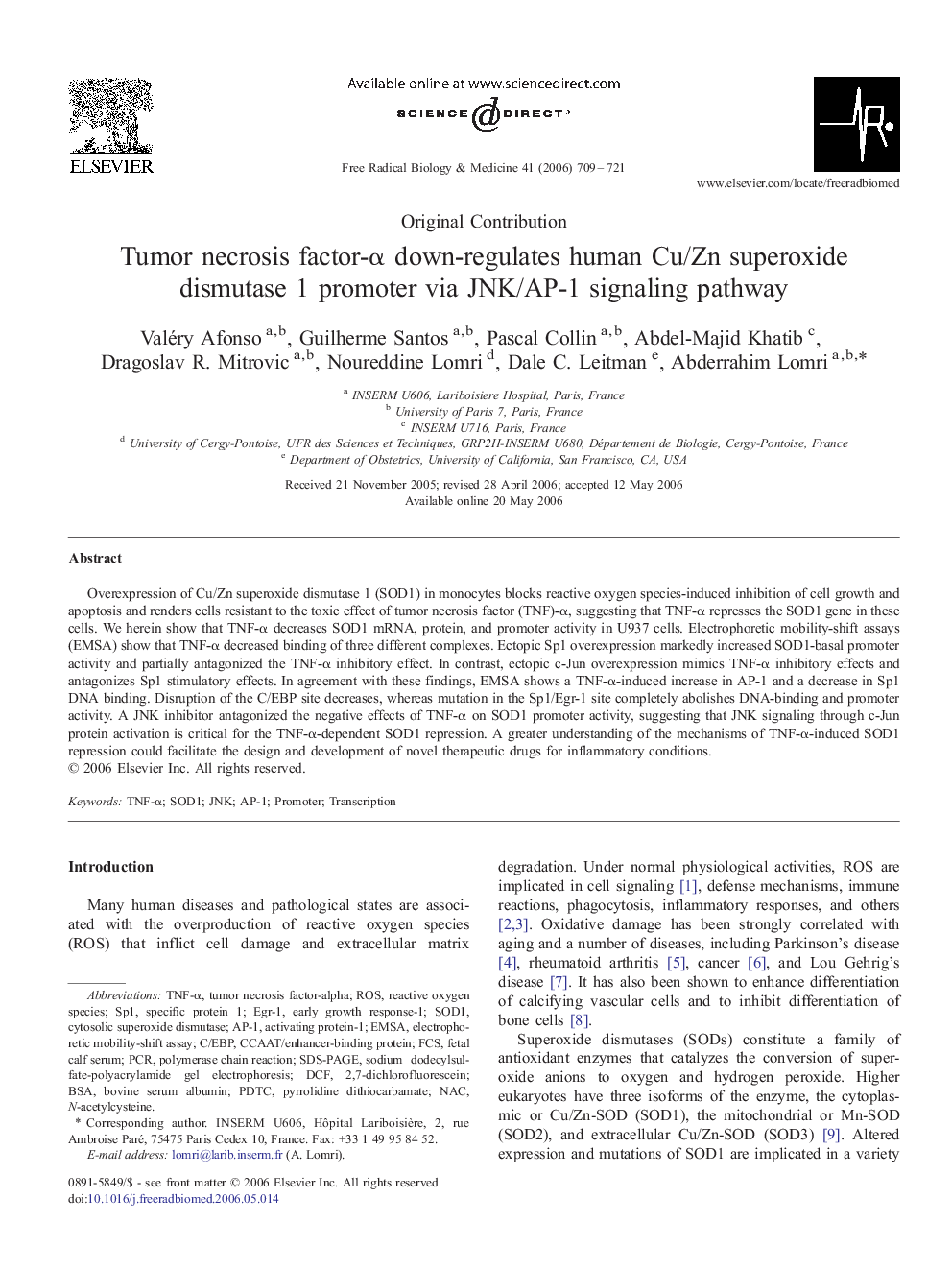 Tumor necrosis factor-α down-regulates human Cu/Zn superoxide dismutase 1 promoter via JNK/AP-1 signaling pathway