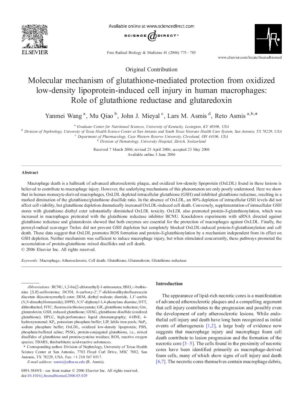 Molecular mechanism of glutathione-mediated protection from oxidized low-density lipoprotein-induced cell injury in human macrophages: Role of glutathione reductase and glutaredoxin