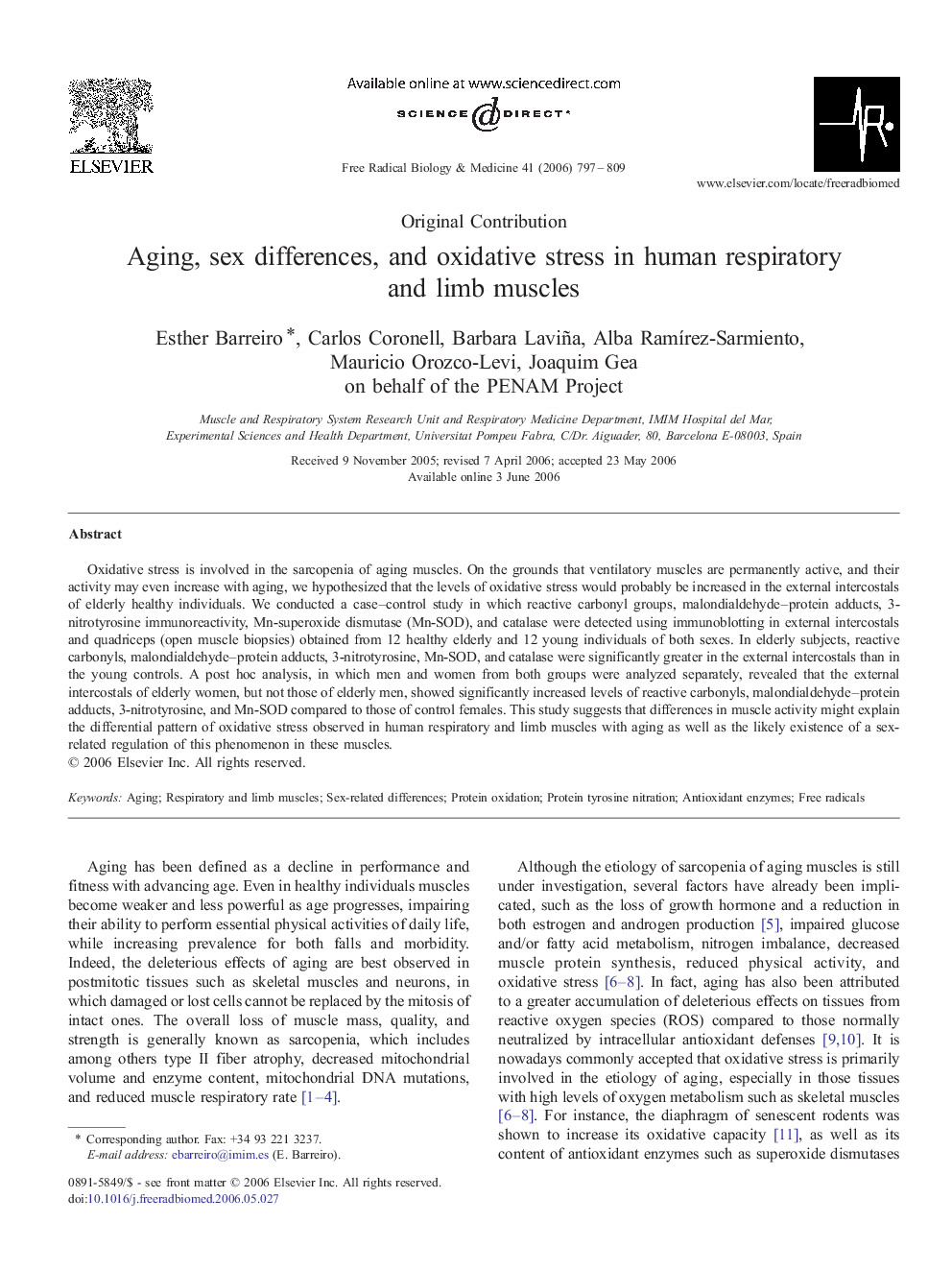 Aging, sex differences, and oxidative stress in human respiratory and limb muscles