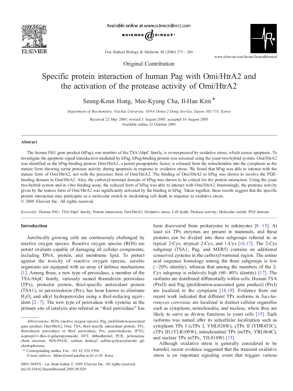 Specific protein interaction of human Pag with Omi/HtrA2 and the activation of the protease activity of Omi/HtrA2