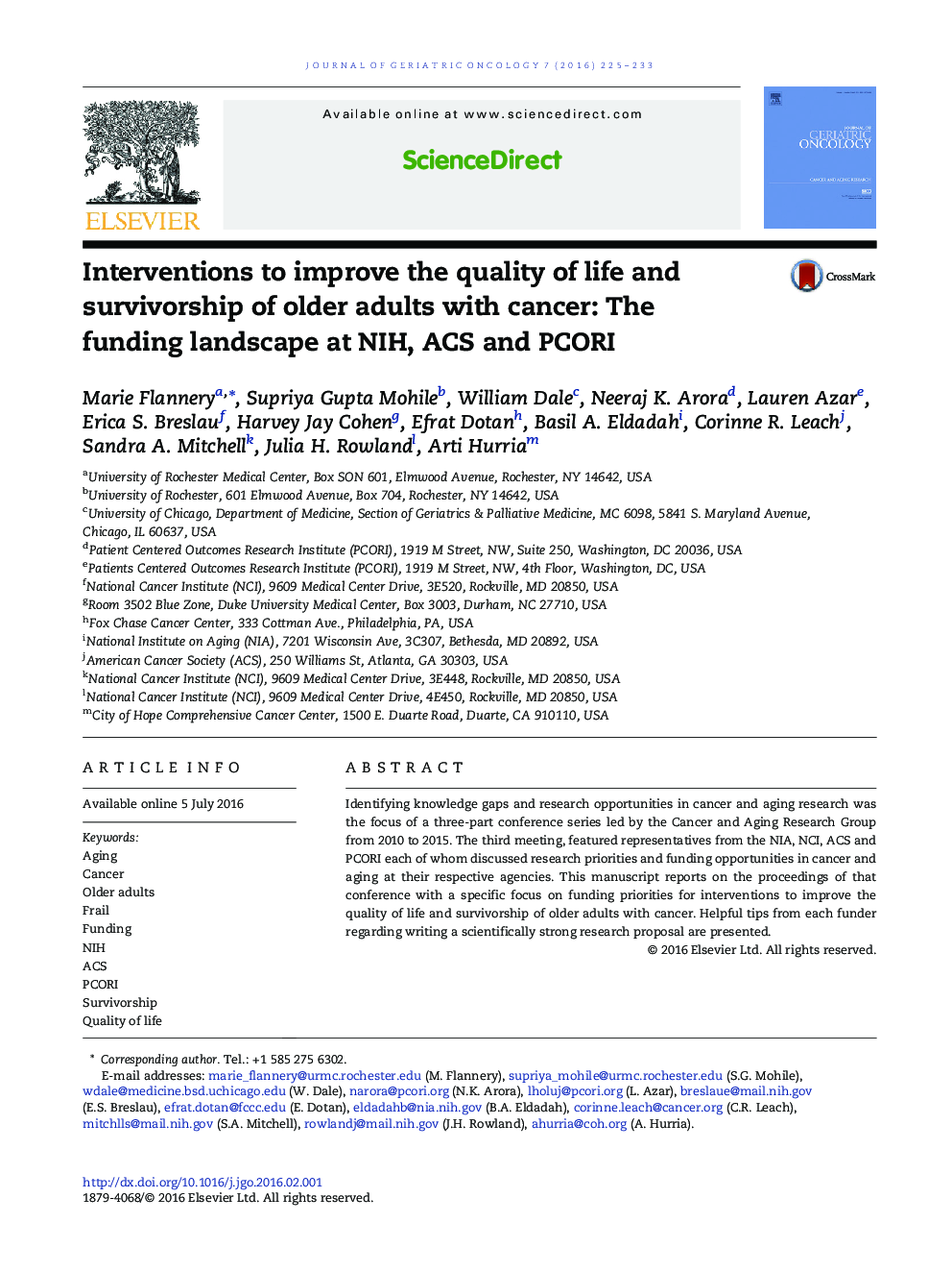 Interventions to improve the quality of life and survivorship of older adults with cancer: The funding landscape at NIH, ACS and PCORI