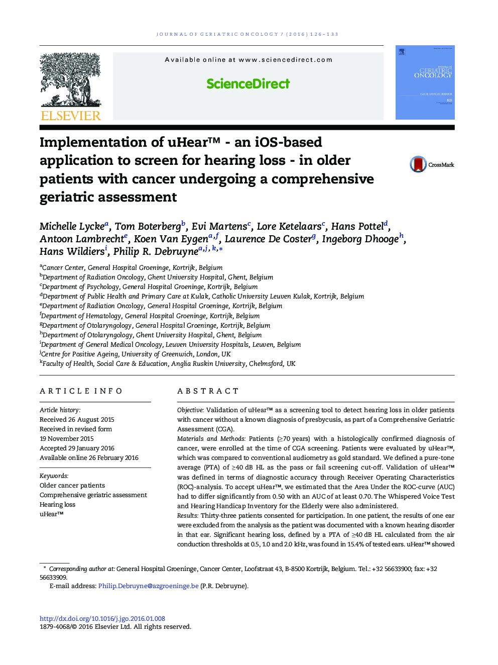 Implementation of uHearâ¢ - an iOS-based application to screen for hearing loss - in older patients with cancer undergoing a comprehensive geriatric assessment