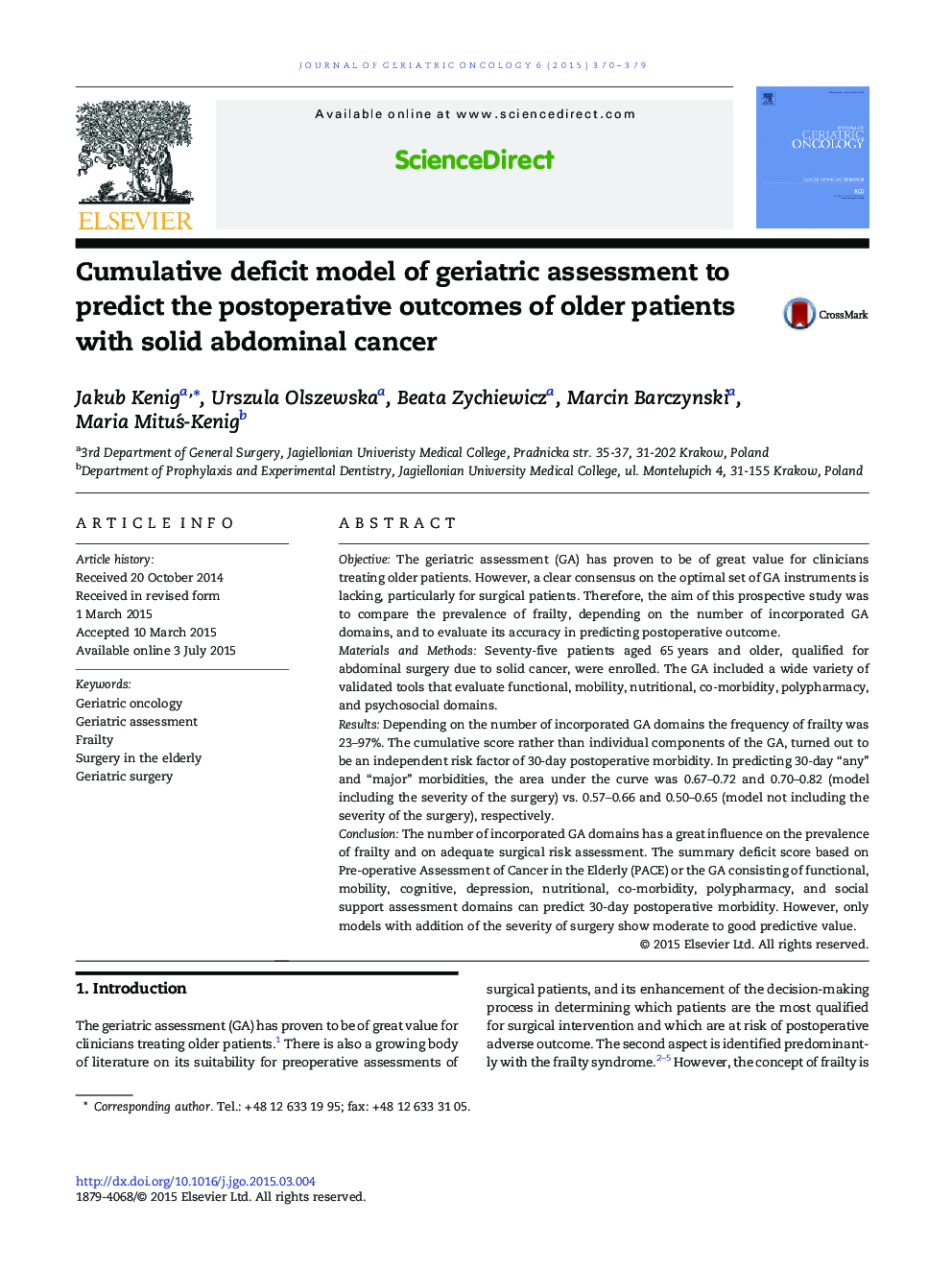 Cumulative deficit model of geriatric assessment to predict the postoperative outcomes of older patients with solid abdominal cancer