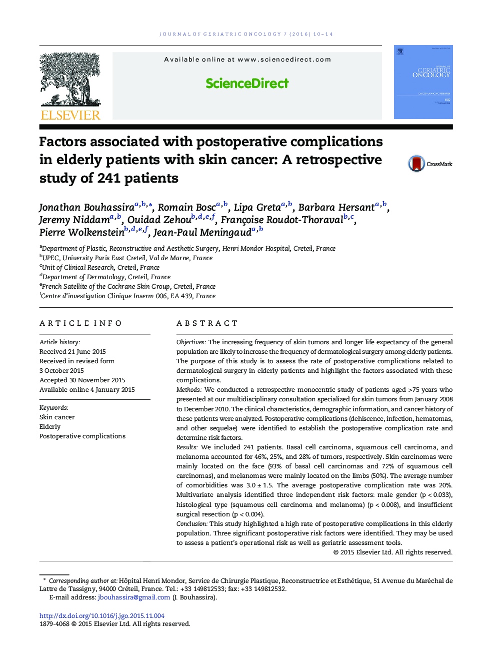 Factors associated with postoperative complications in elderly patients with skin cancer: A retrospective study of 241 patients