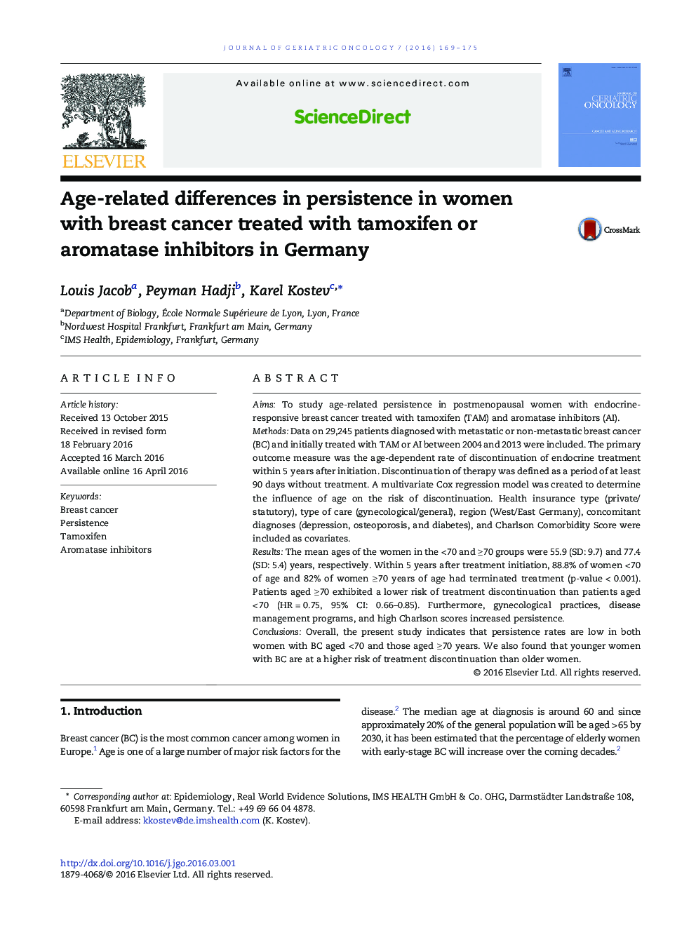 Age-related differences in persistence in women with breast cancer treated with tamoxifen or aromatase inhibitors in Germany