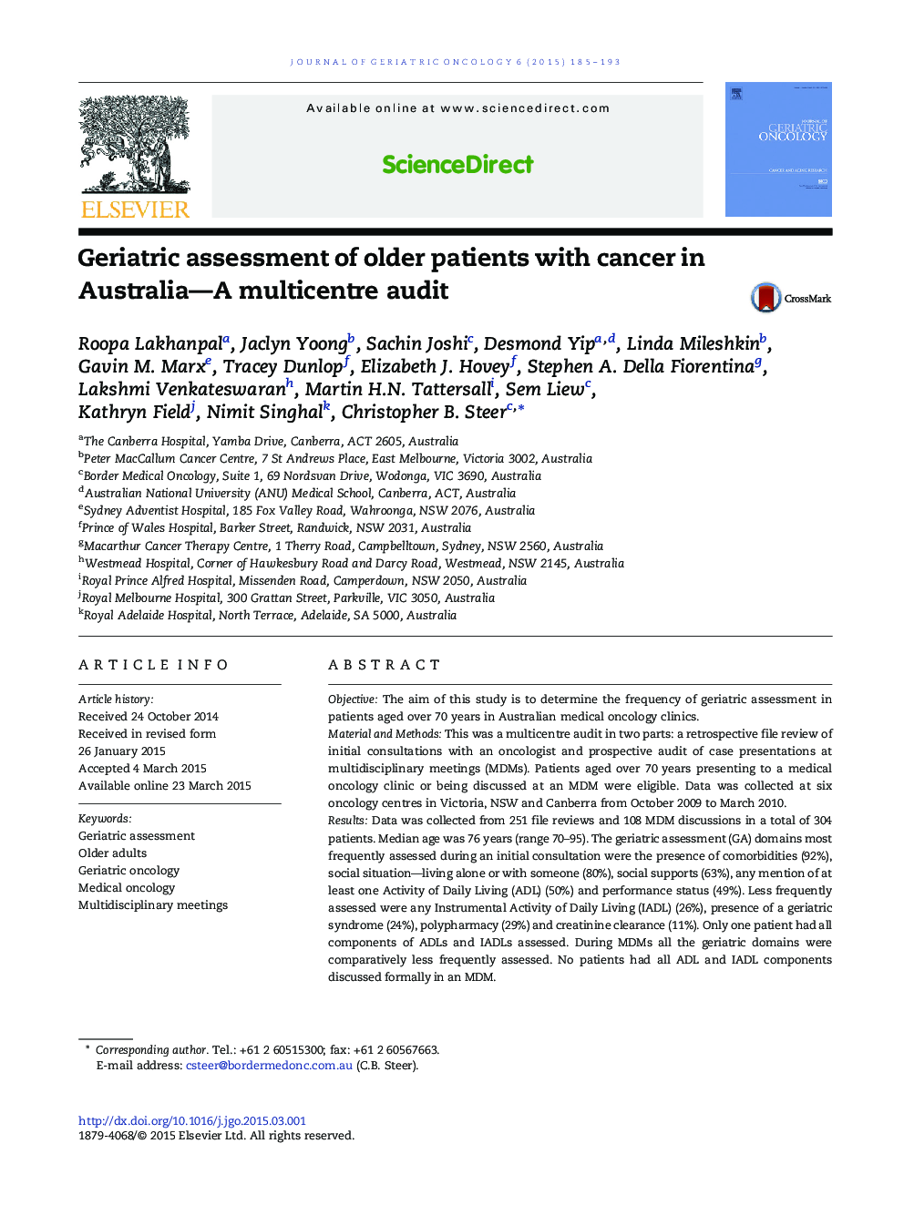 Geriatric assessment of older patients with cancer in Australia—A multicentre audit