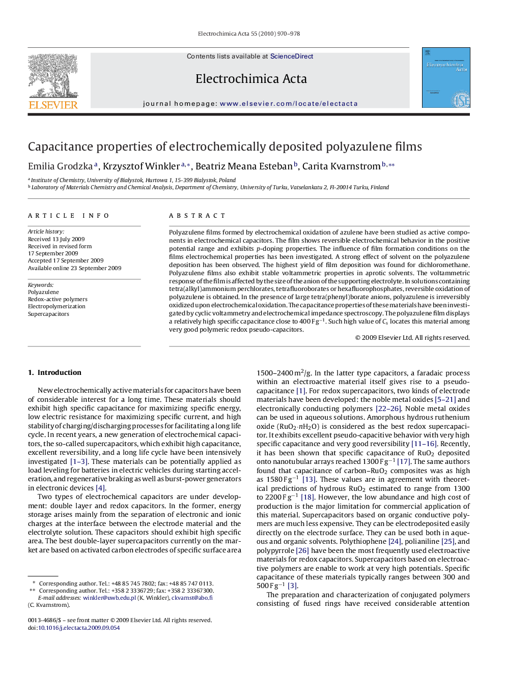 Capacitance properties of electrochemically deposited polyazulene films