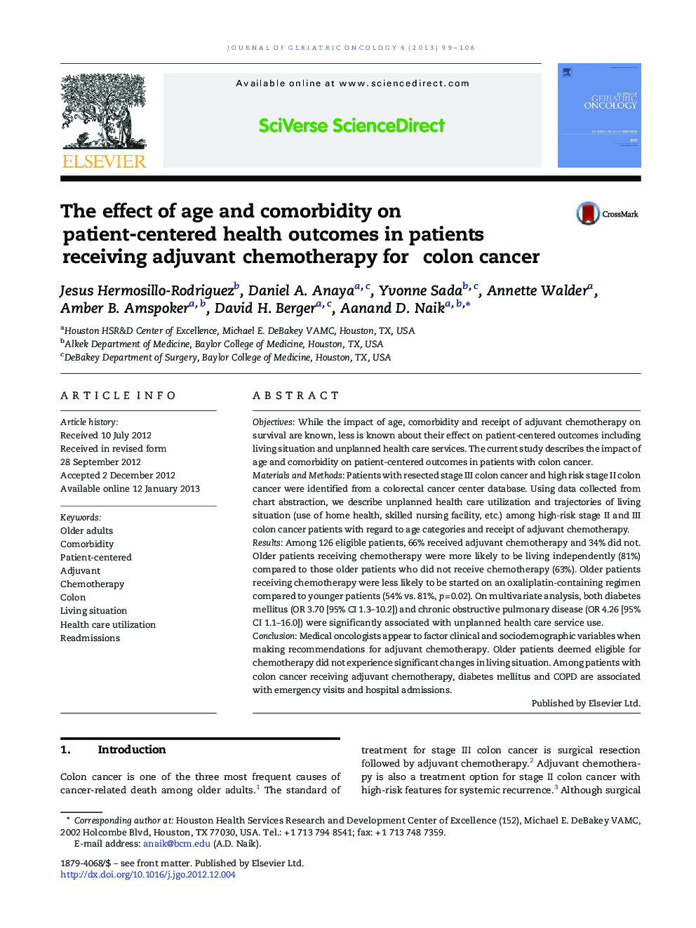 The effect of age and comorbidity on patient-centered health outcomes in patients receiving adjuvant chemotherapy for colon cancer