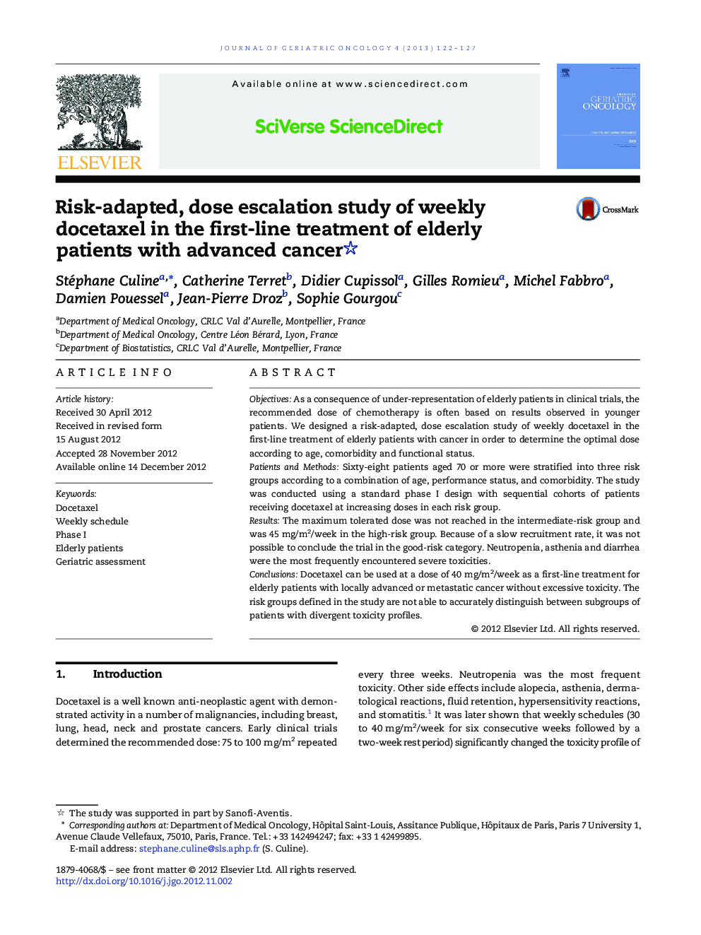 Risk-adapted, dose escalation study of weekly docetaxel in the first-line treatment of elderly patients with advanced cancer 