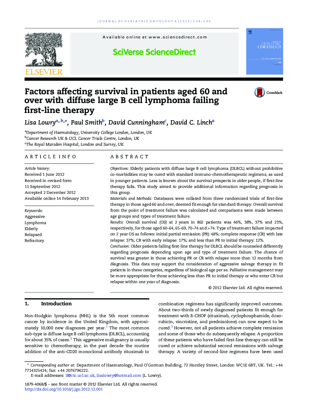 Factors affecting survival in patients aged 60 and over with diffuse large B cell lymphoma failing first-line therapy
