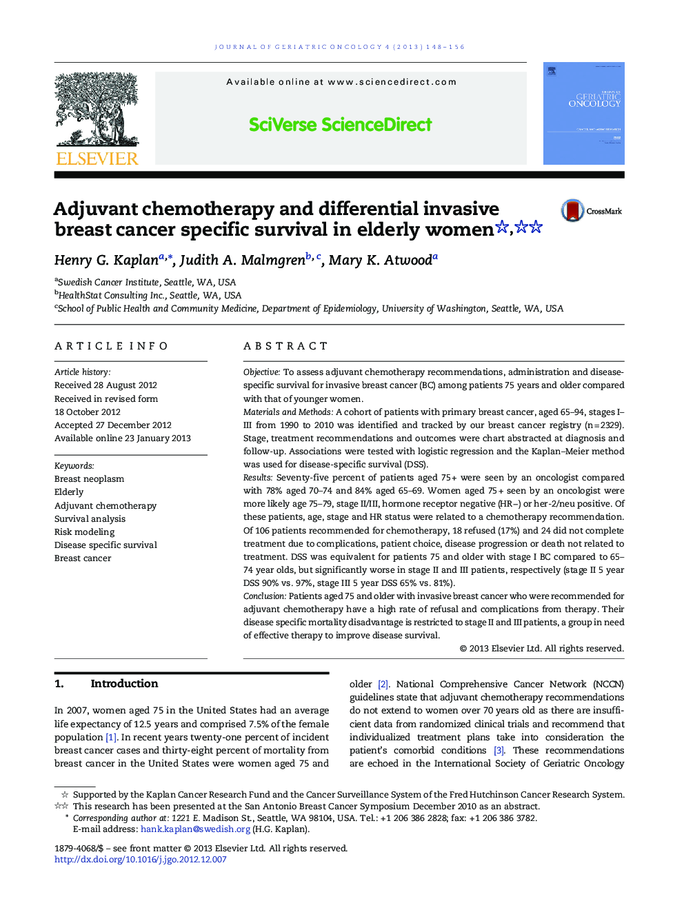 Adjuvant chemotherapy and differential invasive breast cancer specific survival in elderly women 