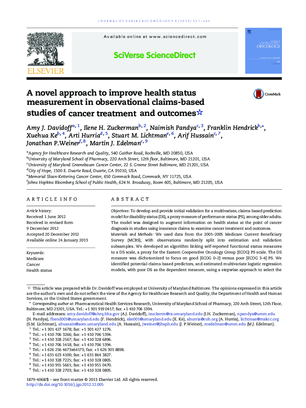 A novel approach to improve health status measurement in observational claims-based studies of cancer treatment and outcomes 