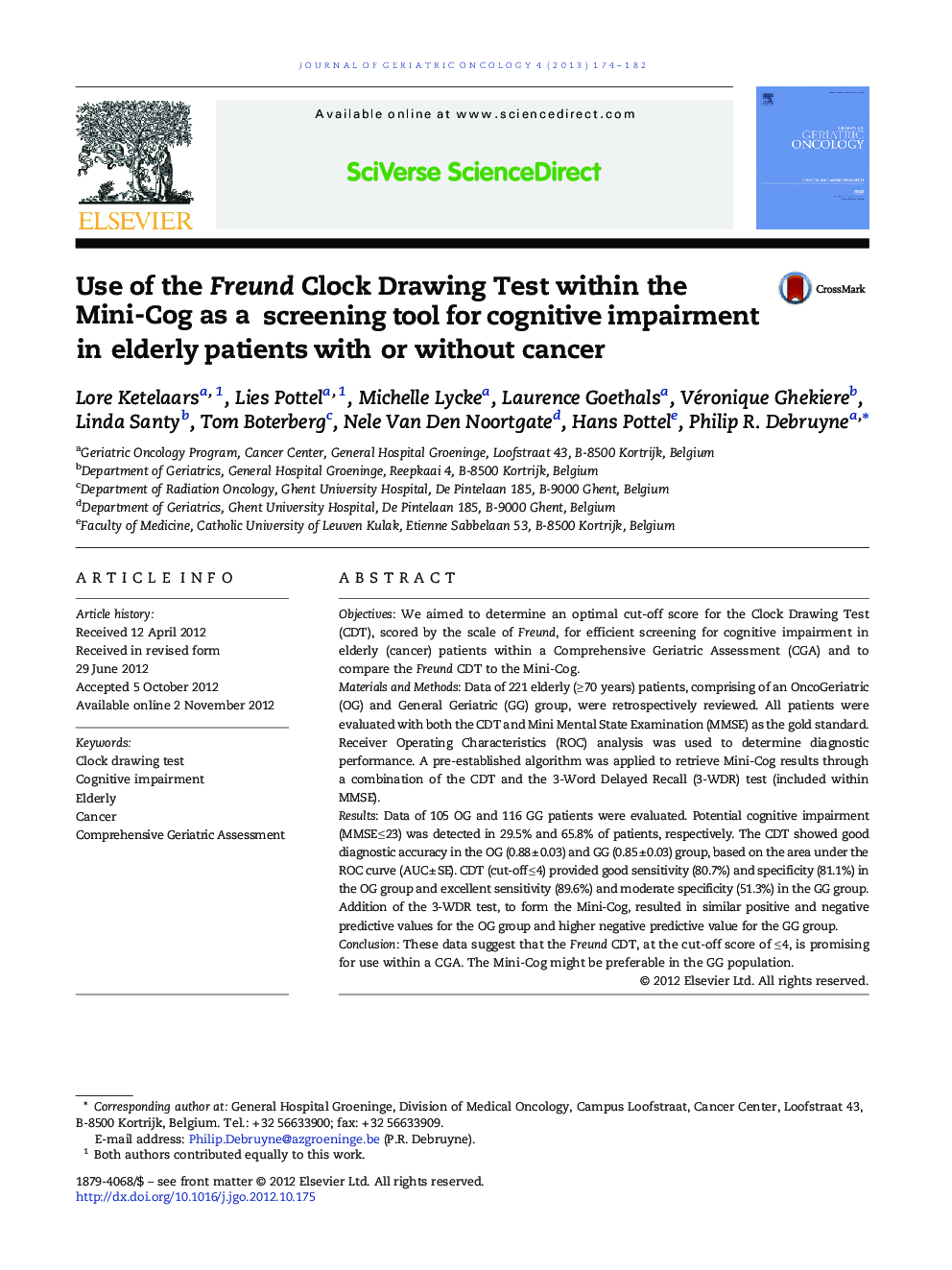 Use of the Freund Clock Drawing Test within the Mini-Cog as a screening tool for cognitive impairment in elderly patients with or without cancer