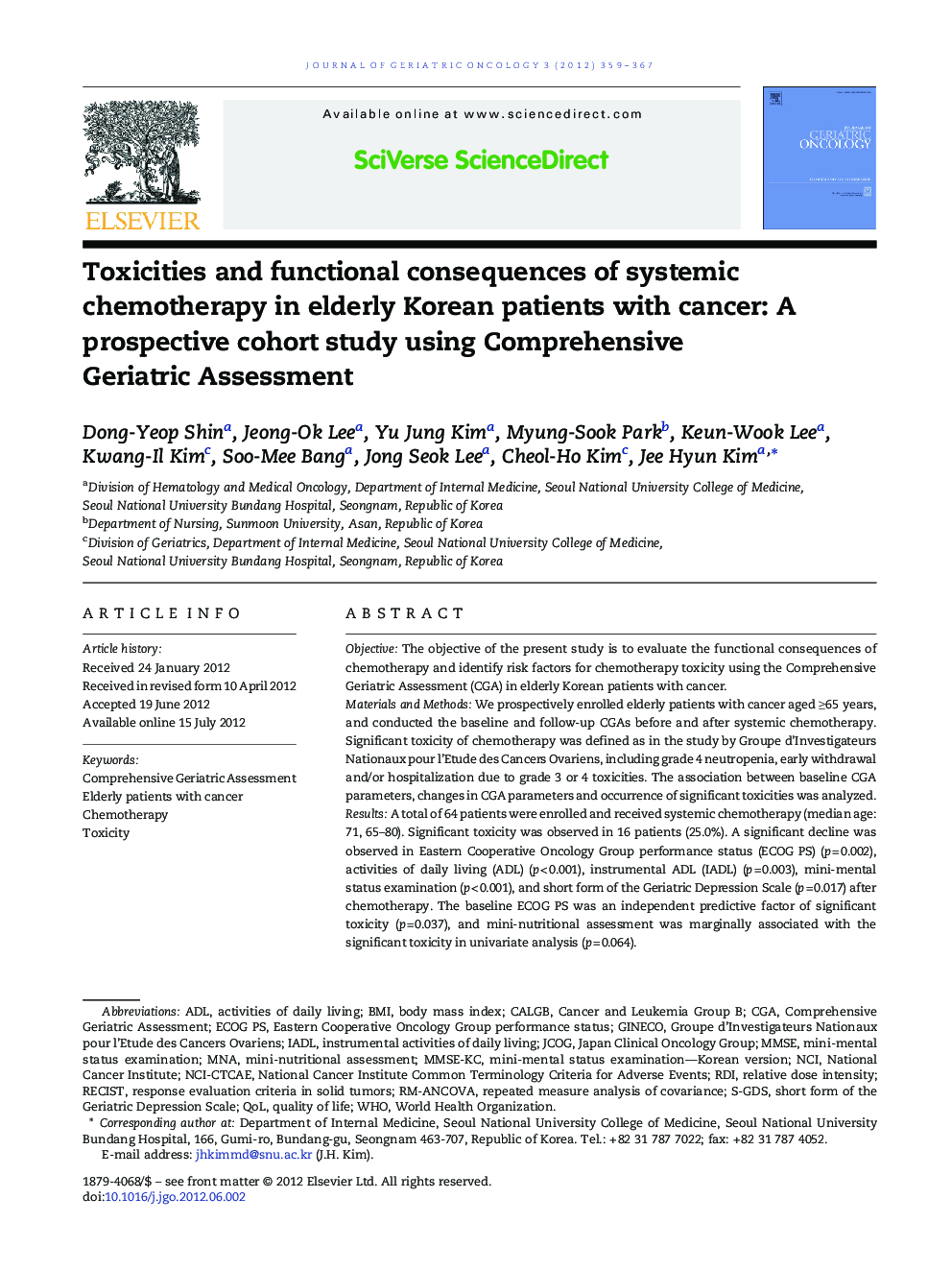 Toxicities and functional consequences of systemic chemotherapy in elderly Korean patients with cancer: A prospective cohort study using Comprehensive Geriatric Assessment