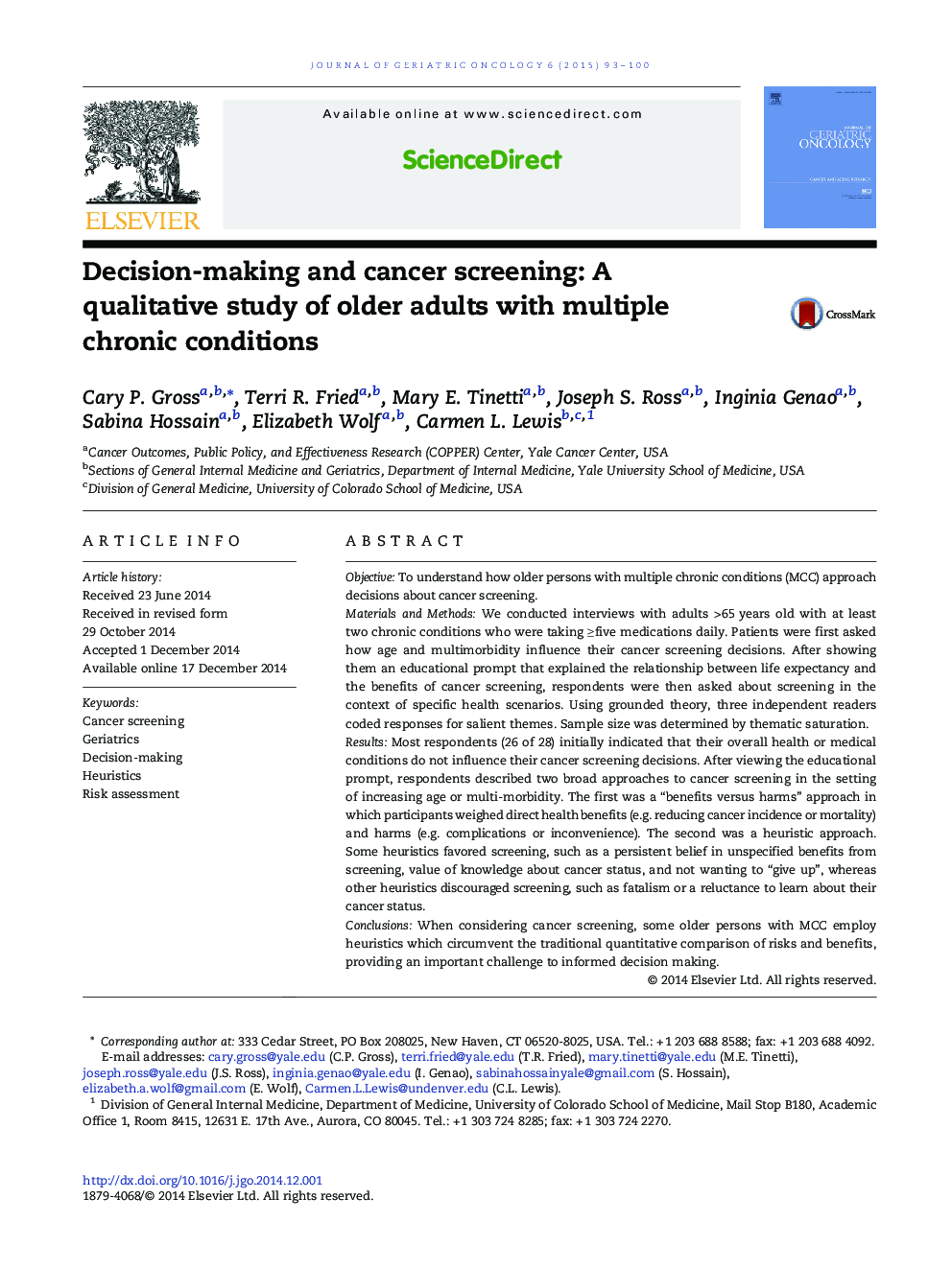 Decision-making and cancer screening: A qualitative study of older adults with multiple chronic conditions