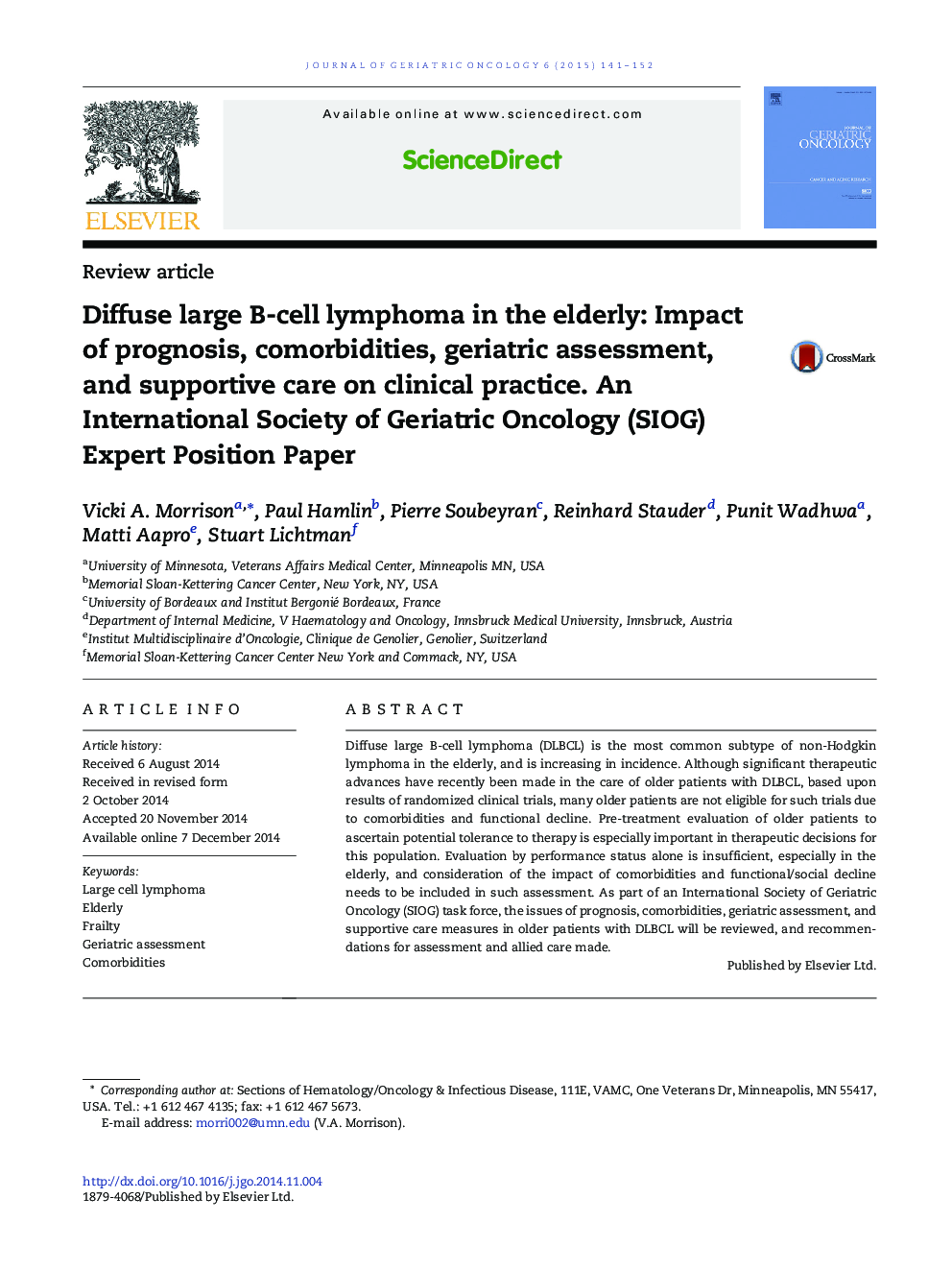 Diffuse large B-cell lymphoma in the elderly: Impact of prognosis, comorbidities, geriatric assessment, and supportive care on clinical practice. An International Society of Geriatric Oncology (SIOG) Expert Position Paper