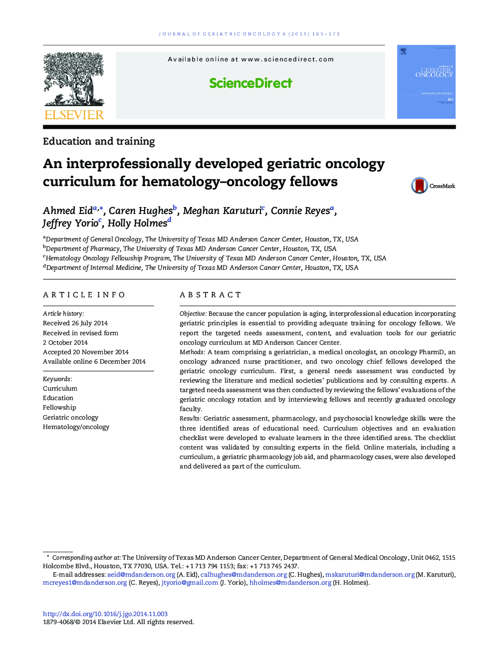 An interprofessionally developed geriatric oncology curriculum for hematology–oncology fellows