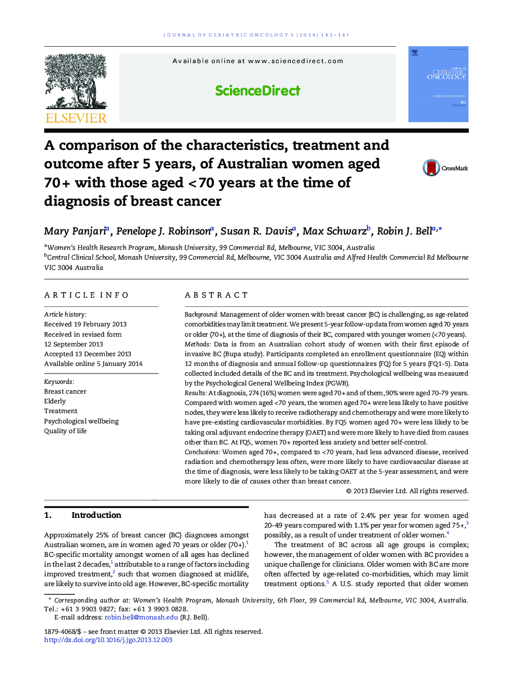 A comparison of the characteristics, treatment and outcome after 5 years, of Australian women aged 70 + with those aged < 70 years at the time of diagnosis of breast cancer