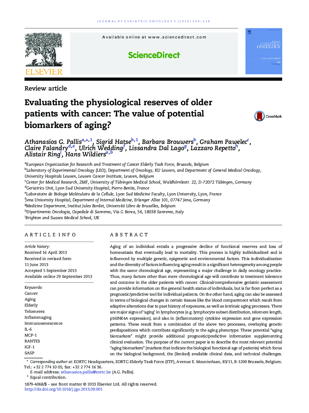 Evaluating the physiological reserves of older patients with cancer: The value of potential biomarkers of aging?